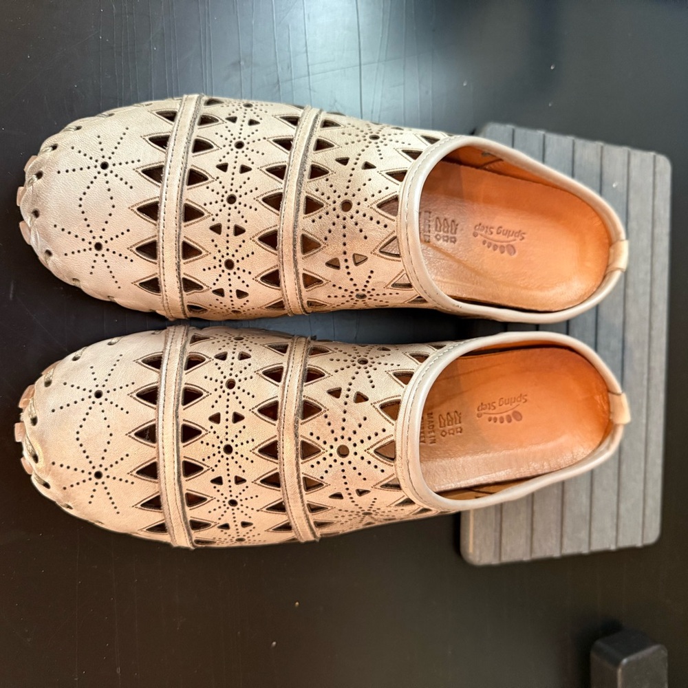 Spring Step Taupe Laser-Cut Mules